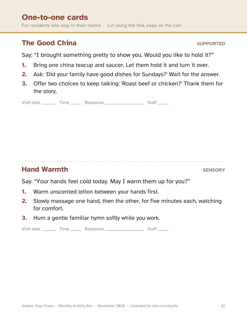 One-to-one cards for residents who stay in their rooms